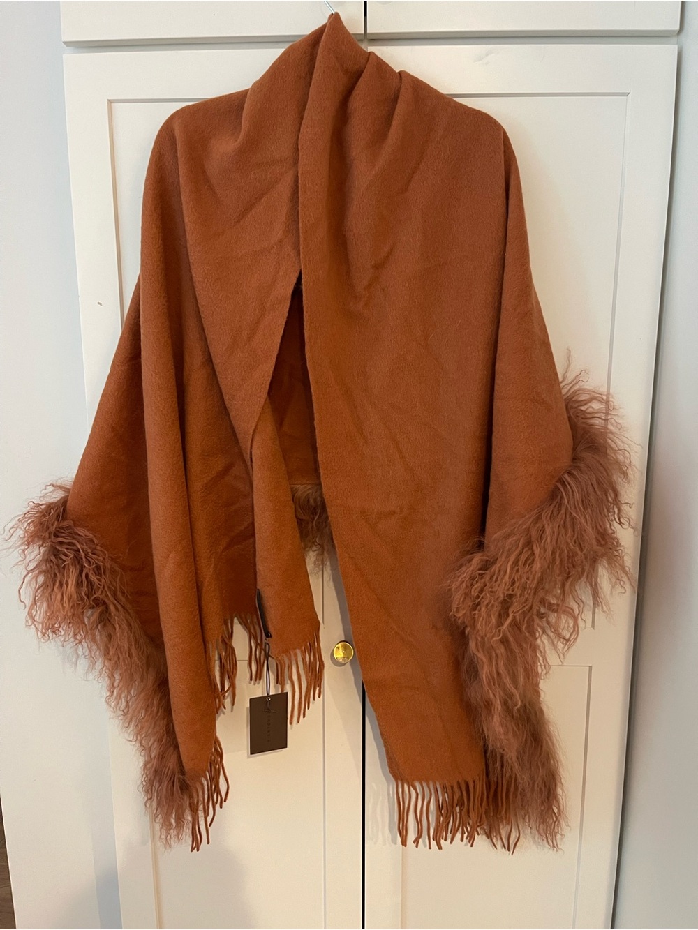 Nicholas K Rust Fringe Shawl Cape with Fur Trim NWT